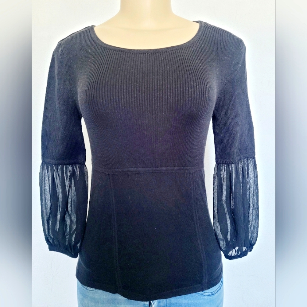 Anne Klein Women's Top Sweater Chiffon Sleeves Black Ribbed Cotton Blend Small
